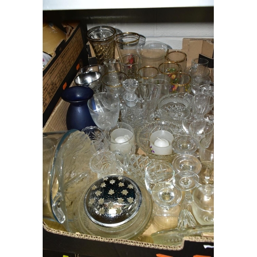 639 - FIVE BOXES AND LOOSE CERAMICS AND GLASSWARE, including drinking glasses, part tea sets, novelty and ... 