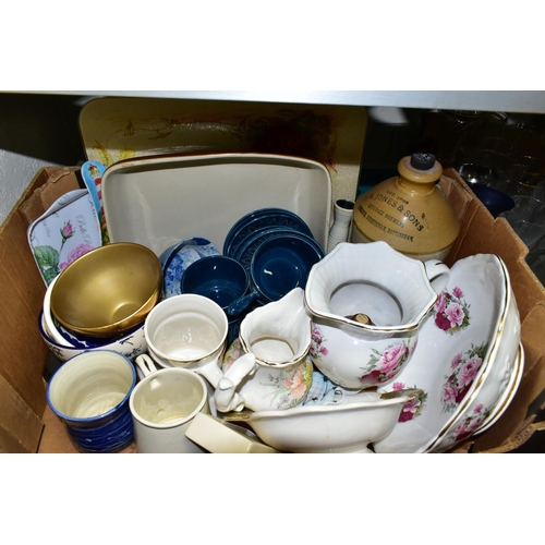 639 - FIVE BOXES AND LOOSE CERAMICS AND GLASSWARE, including drinking glasses, part tea sets, novelty and ... 