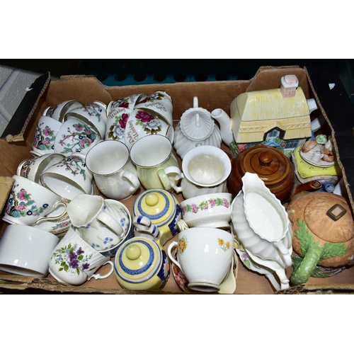 639 - FIVE BOXES AND LOOSE CERAMICS AND GLASSWARE, including drinking glasses, part tea sets, novelty and ... 