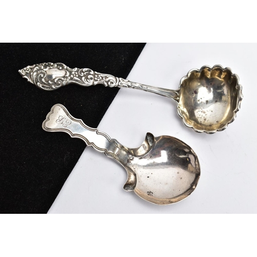 64 - A GEORGE III SILVER CADDY SPOON AND ONE OTHER, the caddy spoon designed with a wavy edge stem, engra... 