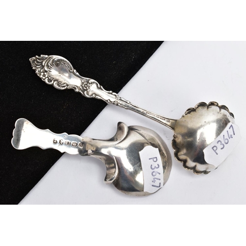 64 - A GEORGE III SILVER CADDY SPOON AND ONE OTHER, the caddy spoon designed with a wavy edge stem, engra... 