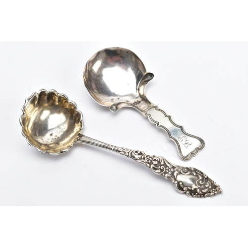 64 - A GEORGE III SILVER CADDY SPOON AND ONE OTHER, the caddy spoon designed with a wavy edge stem, engra... 