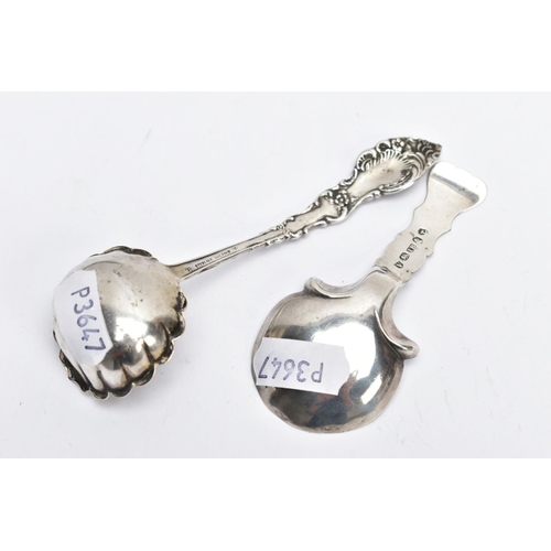 64 - A GEORGE III SILVER CADDY SPOON AND ONE OTHER, the caddy spoon designed with a wavy edge stem, engra... 