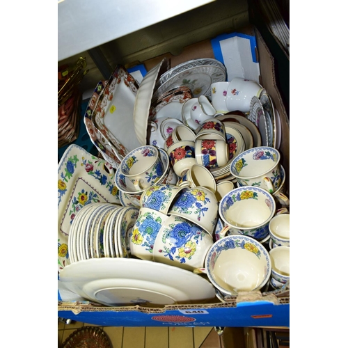 640 - FIVE BOXES AND LOOSE CERAMICS, TABLE LAMPS, SCALES, TWO METAL CASH BOXES, etc, including a late 19th... 