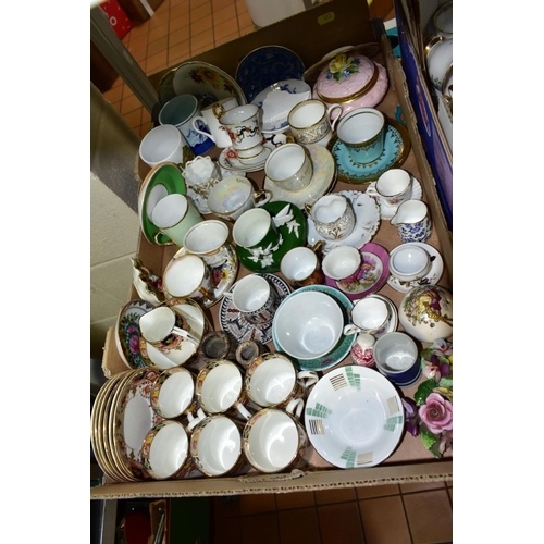 643 - FOUR BOXES OF CERAMICS, including a box of 19th and 20th Century miniature cups and saucers and coff... 