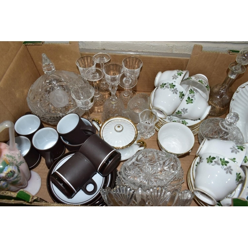 658 - FIVE BOXES AND LOOSE CERAMICS, GLASS, STONEWARE, ETC, to include Hornsea coffee wares, Royal Doulton... 