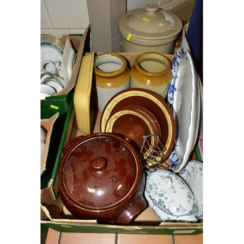 658 - FIVE BOXES AND LOOSE CERAMICS, GLASS, STONEWARE, ETC, to include Hornsea coffee wares, Royal Doulton... 