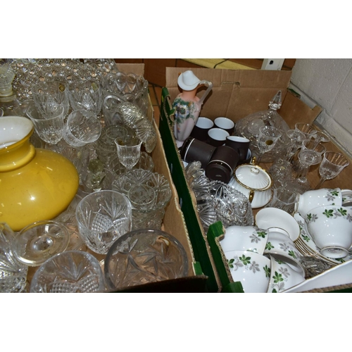 658 - FIVE BOXES AND LOOSE CERAMICS, GLASS, STONEWARE, ETC, to include Hornsea coffee wares, Royal Doulton... 