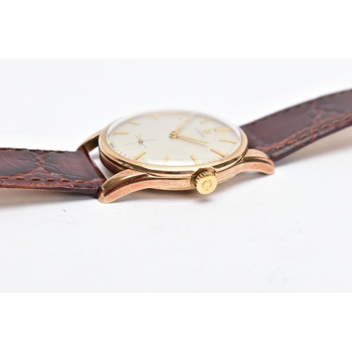 66 - A GENTS 9CT GOLD OMEGA WRISTWATCH, hand wound movement, round champagne dial signed 'Omega', baton m... 