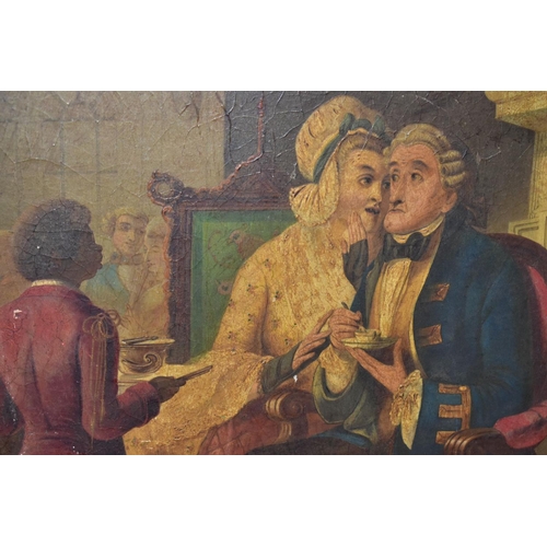 664 - AN 18TH CENTURY STYLE SCENE OF A COUPLE IN CONVERSATION, with a black servant boy holding a bowl of ... 