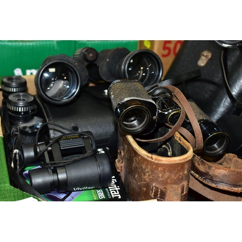 673 - SEVEN PAIRS OF BINOCULARS, comprising Busnell National Audubon Society 10x42, Antoria Paris 8x30, Fr... 