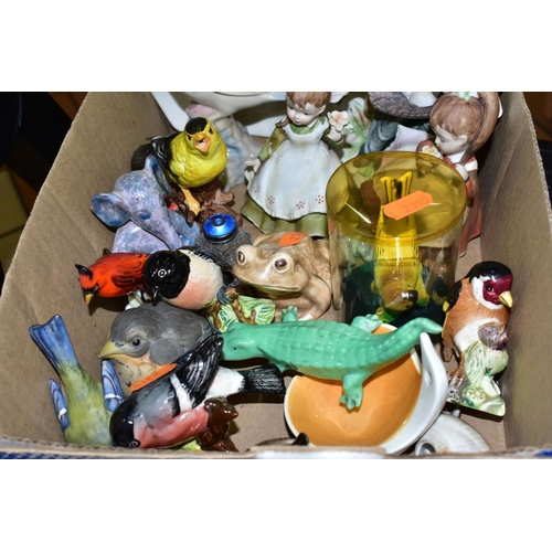 676 - A BOX OF BIRD, ANIMAL AND FIGURAL ORNAMENTS, etc, including three Beswick garden birds (bullfinch 10... 