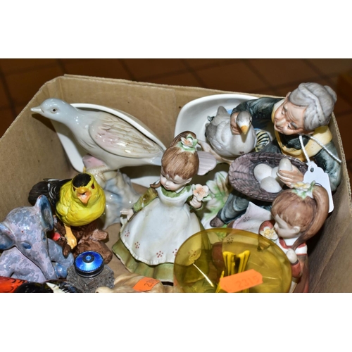 676 - A BOX OF BIRD, ANIMAL AND FIGURAL ORNAMENTS, etc, including three Beswick garden birds (bullfinch 10... 