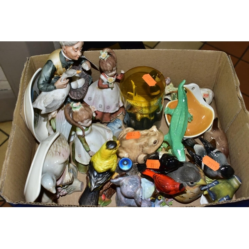 676 - A BOX OF BIRD, ANIMAL AND FIGURAL ORNAMENTS, etc, including three Beswick garden birds (bullfinch 10... 