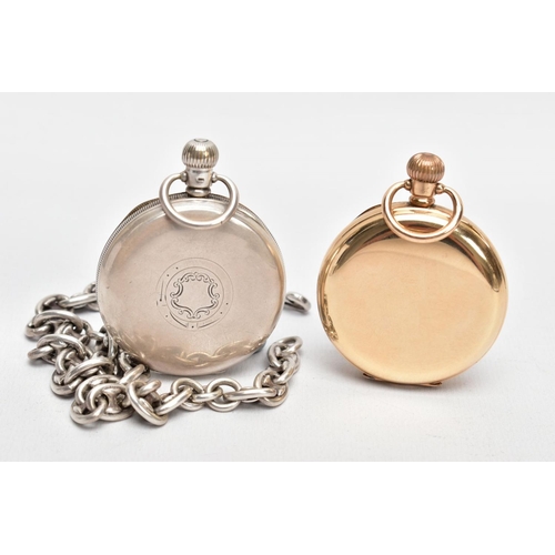 68 - A SILVER OPEN FACE POCKET WATCH, ALBERT CHAIN AND A GOLD-PLATED OPEN FACE WALTHAM POCKET WATCH, the ... 