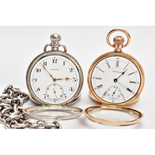 68 - A SILVER OPEN FACE POCKET WATCH, ALBERT CHAIN AND A GOLD-PLATED OPEN FACE WALTHAM POCKET WATCH, the ... 