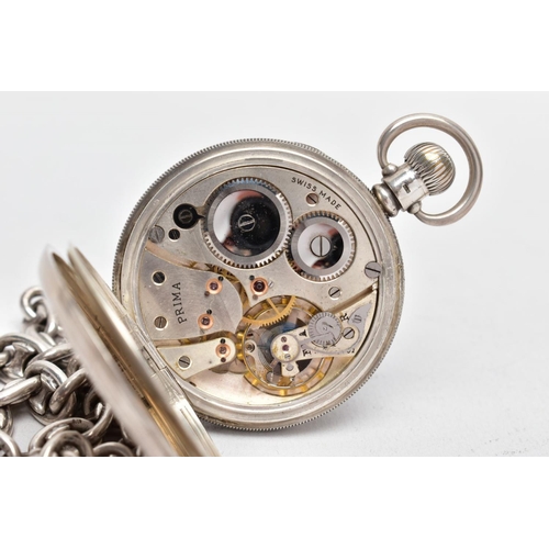 68 - A SILVER OPEN FACE POCKET WATCH, ALBERT CHAIN AND A GOLD-PLATED OPEN FACE WALTHAM POCKET WATCH, the ... 