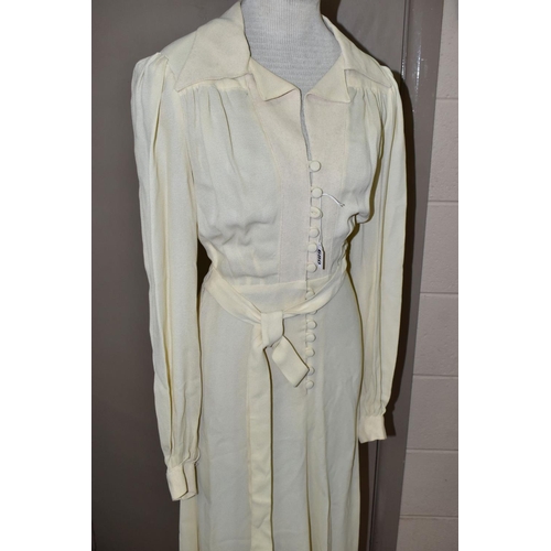 680 - OSSIE CLARK FOR RADLEY, a Moss Crepe cream ankle length dress, size 34, wing collar, long pleated sl... 