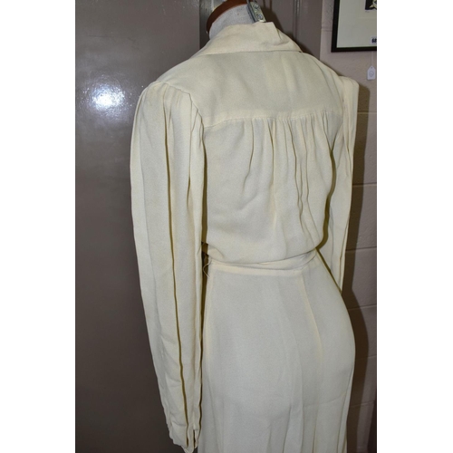 680 - OSSIE CLARK FOR RADLEY, a Moss Crepe cream ankle length dress, size 34, wing collar, long pleated sl... 