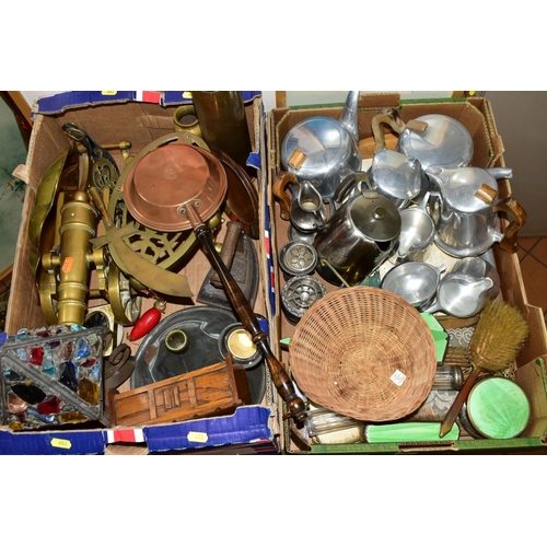 683 - TWO BOXES AND LOOSE METALWARES, SPORTS EQUIPMENT, PRINTS, etc including eight pieces of Picquot Ware... 