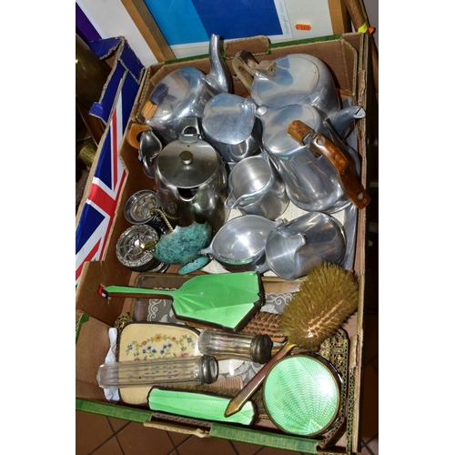 683 - TWO BOXES AND LOOSE METALWARES, SPORTS EQUIPMENT, PRINTS, etc including eight pieces of Picquot Ware... 