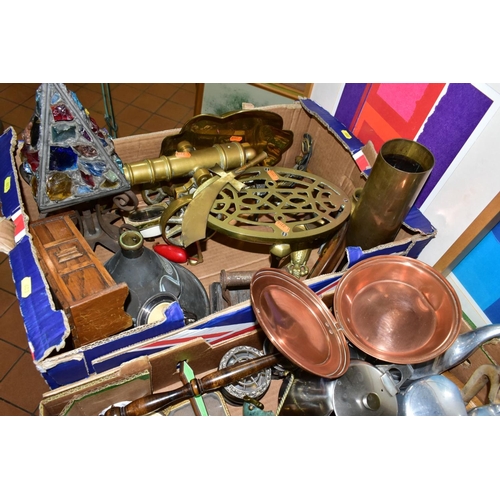 683 - TWO BOXES AND LOOSE METALWARES, SPORTS EQUIPMENT, PRINTS, etc including eight pieces of Picquot Ware... 