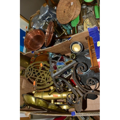 683 - TWO BOXES AND LOOSE METALWARES, SPORTS EQUIPMENT, PRINTS, etc including eight pieces of Picquot Ware... 