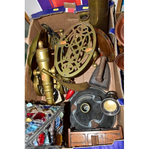 683 - TWO BOXES AND LOOSE METALWARES, SPORTS EQUIPMENT, PRINTS, etc including eight pieces of Picquot Ware... 