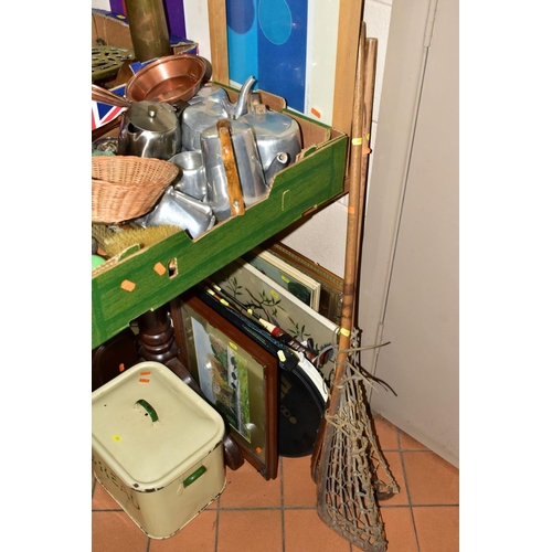 683 - TWO BOXES AND LOOSE METALWARES, SPORTS EQUIPMENT, PRINTS, etc including eight pieces of Picquot Ware... 