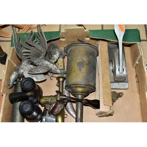 684 - A BOX OF COLLECTABLES AND A MODERN WROUGHT IRON FLOORSTANDING CANDLEHOLDER, height 125cm, the box to... 