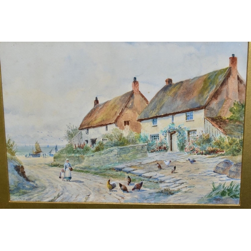 688 - DAVID W HADDON (ACTIVE 1884-1911) a fishermans cottage with mother and child mending nets, signed bo... 