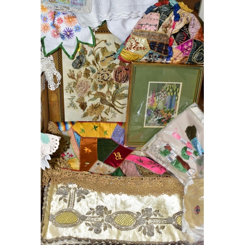 689 - A QUANTITY OF ANTIQUE EMBROIDERED ITEMS to include a framed floral beadwork, crewel work rug, crazy ... 