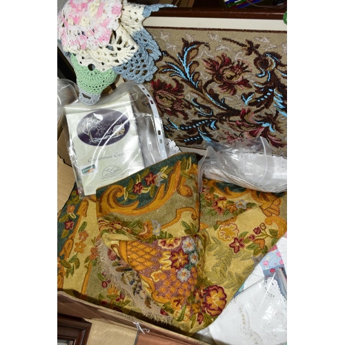 689 - A QUANTITY OF ANTIQUE EMBROIDERED ITEMS to include a framed floral beadwork, crewel work rug, crazy ... 