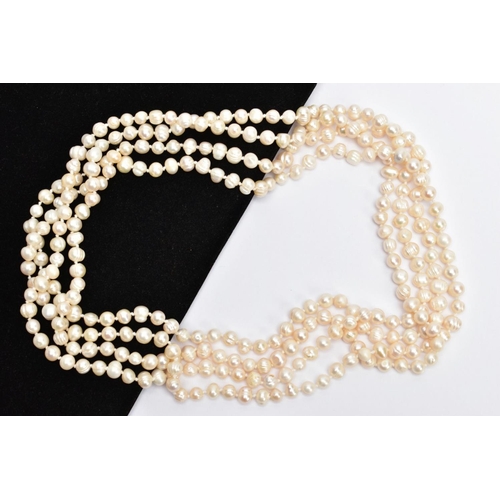 69 - TWO CULTURED FRESH WATER PEARL NECKLACES, to include a three-strand necklace fitted with a white met... 