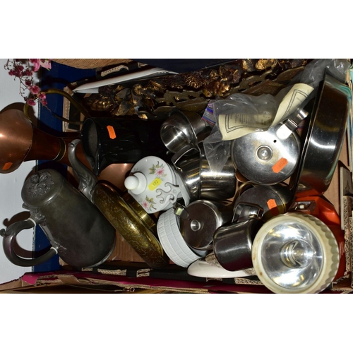 693 - A BOX AND LOOSE CERAMICS, METALWARES, ARTIFICIAL FLOWERS, SHOOTING STICKS, ETC, including a silver m... 