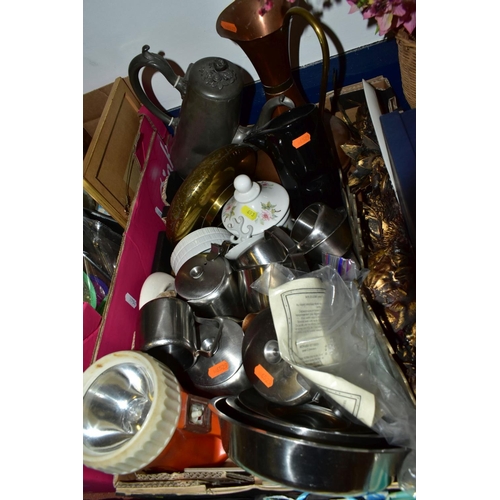 693 - A BOX AND LOOSE CERAMICS, METALWARES, ARTIFICIAL FLOWERS, SHOOTING STICKS, ETC, including a silver m... 