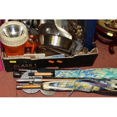 693 - A BOX AND LOOSE CERAMICS, METALWARES, ARTIFICIAL FLOWERS, SHOOTING STICKS, ETC, including a silver m... 