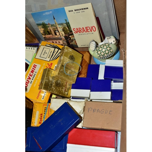 694 - FIVE BOXES OF RECORDS, NEGATIVES, ETC, including a boxed Aldis TK 300 projector, a box of coat hange... 