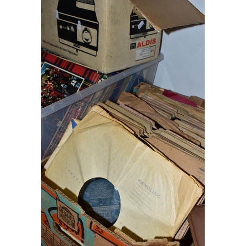 694 - FIVE BOXES OF RECORDS, NEGATIVES, ETC, including a boxed Aldis TK 300 projector, a box of coat hange... 