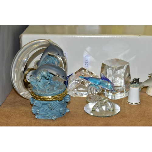 696 - A GROUP OF CERAMICS, GLASS AND RESIN DOLPHIN FIGURES, PLATES AND OTHER ITEMS, including ceramic thim... 