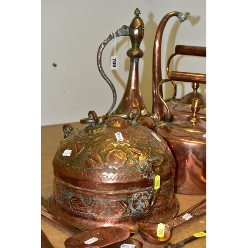 700 - A QUANTITY OF 19TH AND 20TH CENTURY COPPER AND IRON ITEMS, including two Victorian copper kettles, a... 