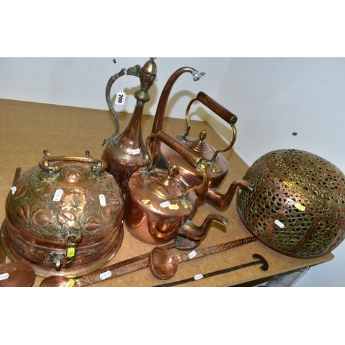 700 - A QUANTITY OF 19TH AND 20TH CENTURY COPPER AND IRON ITEMS, including two Victorian copper kettles, a... 