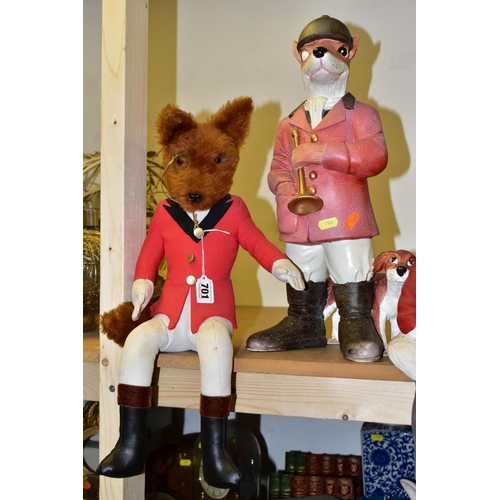 701 - SEVEN ASSORTED ANTHROPOMORPHIC FOX FIGURES, comprising a Beatrix Potter Mr Tod soft toy, a seated hu... 