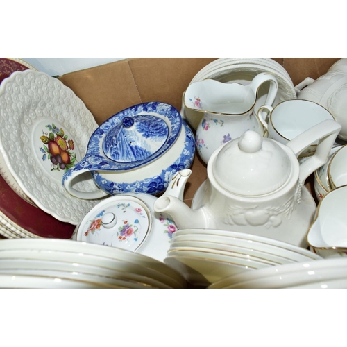 704 - TWO BOXES AND LOOSE CERAMICS, including Wedgwood Clio pattern bone china, Beswick seated puppies, a ... 