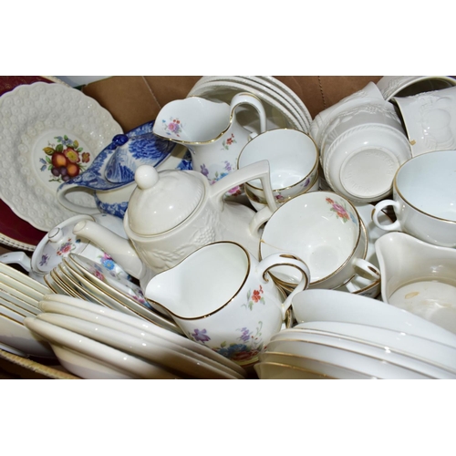 704 - TWO BOXES AND LOOSE CERAMICS, including Wedgwood Clio pattern bone china, Beswick seated puppies, a ... 