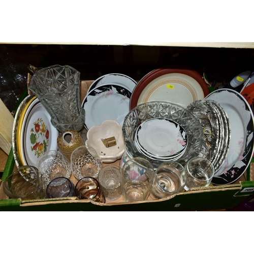 705 - TWO BOXES AND LOOSE CERAMICS, GLASS, etc, including two retro red plastic light shades, one with hea... 