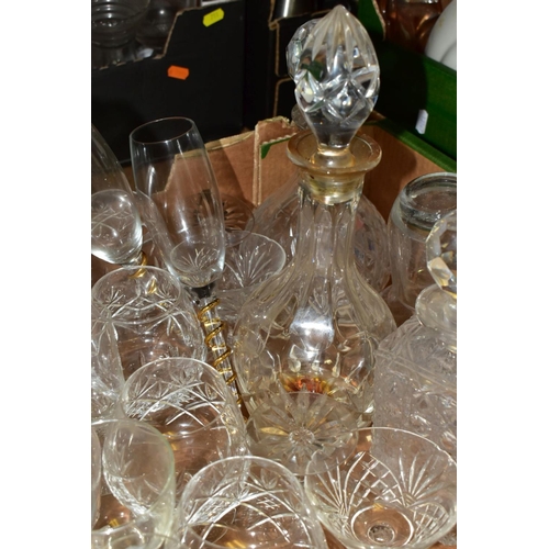 711 - FOUR BOXES OF GLASSWARE, CUT AND PRESSED, including four decanters, bowls, drinking glasses, vases, ... 