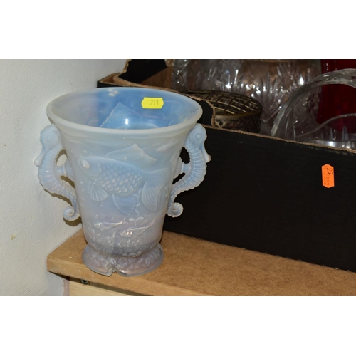 711 - FOUR BOXES OF GLASSWARE, CUT AND PRESSED, including four decanters, bowls, drinking glasses, vases, ... 