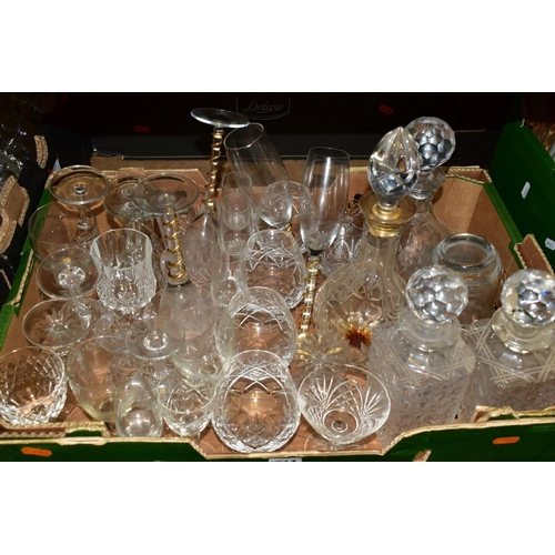 711 - FOUR BOXES OF GLASSWARE, CUT AND PRESSED, including four decanters, bowls, drinking glasses, vases, ... 