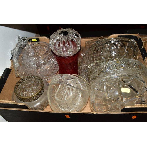 711 - FOUR BOXES OF GLASSWARE, CUT AND PRESSED, including four decanters, bowls, drinking glasses, vases, ... 